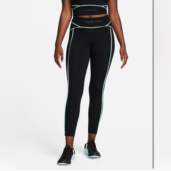 Nike Women's PRO Mid-Rise 7/8 Black Green Glow Training Tights Sz L $70 Rare! - Picture 2 of 3